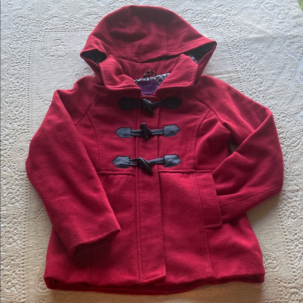 “Velvet Chic” Red Kids Pea Coat with Hood